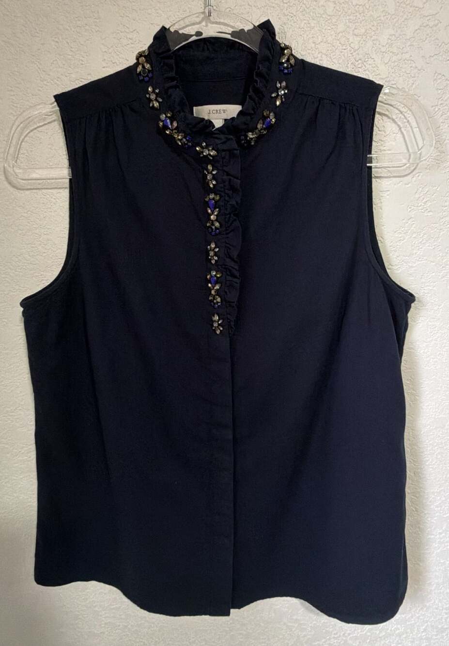 J. Crew Jeweled Collar Sleeveless Top Size 8 Navy Blue Ruffle Cotton Blouse